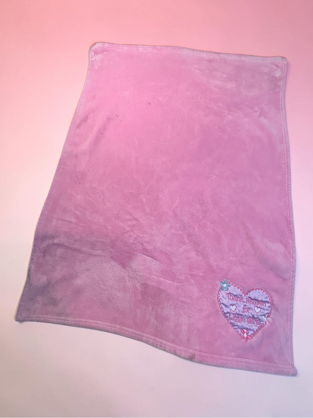 Vtg Pink Baby Blanket with Satin Patch - Thank Heaven for Little Girls